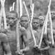 Volunteers for the Biafran army carry rifle-sized sticks as they undergo basic training at Owerri, 1968.